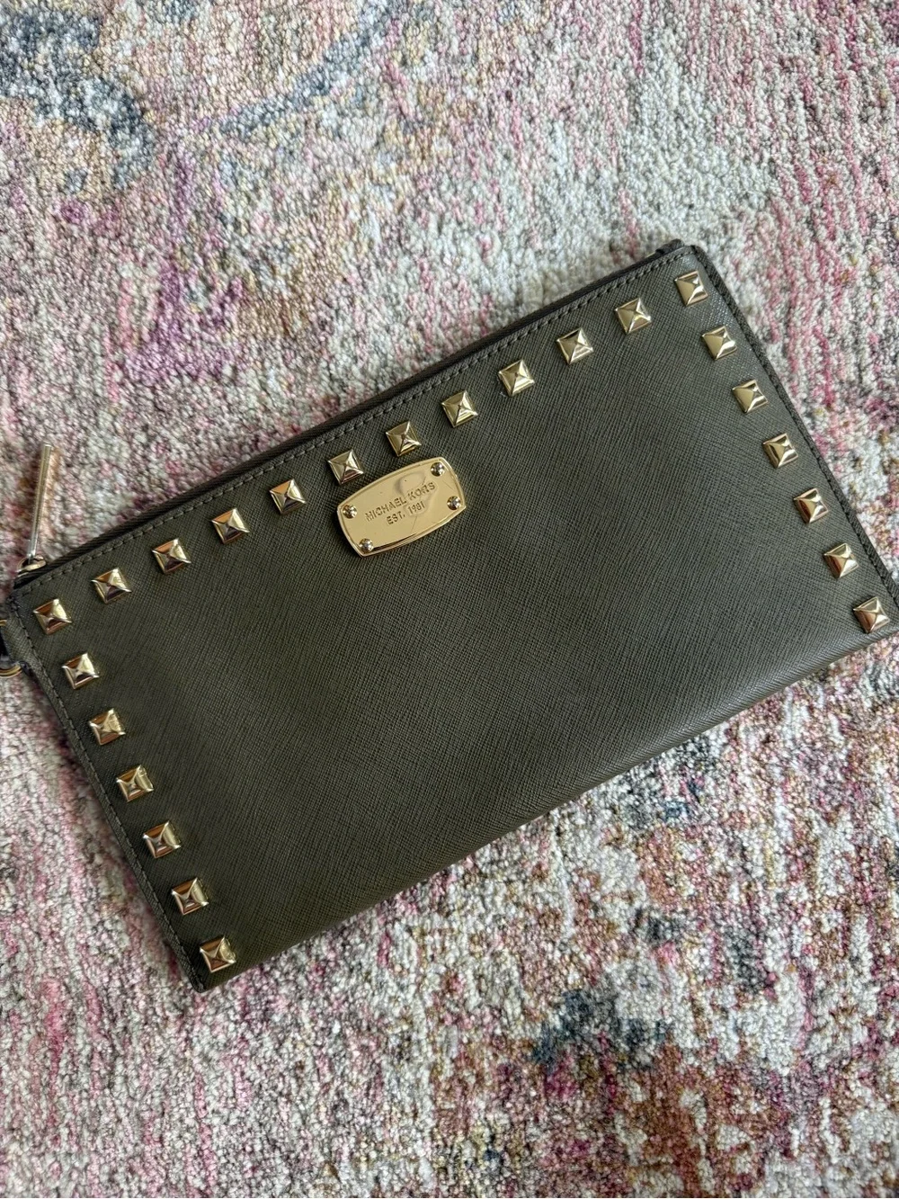 Michael Kors Olive Studded Leather Zip Wallet with Gold Hardware